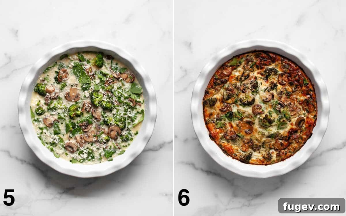 Wholesome Roasted Vegetable & Cottage Cheese Egg Casserole 6 Two images side by side: one showcasing the beautifully assembled egg bake in a pie dish before baking, and the other revealing the golden-brown, perfectly baked egg casserole straight from the oven.