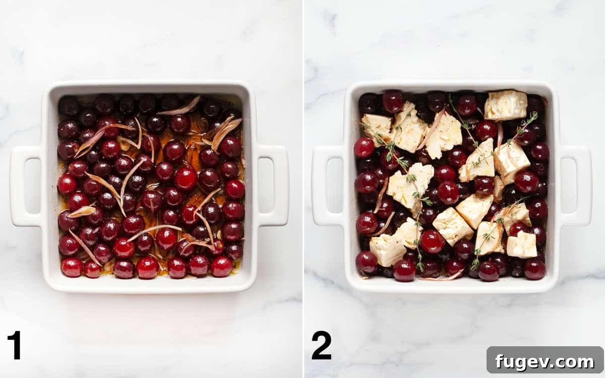 Golden Baked Feta with Honey-Kissed Grapes 4 A baking dish filled with red and green grapes, sliced garlic and shallots, and chunks of feta cheese, ready for the oven.