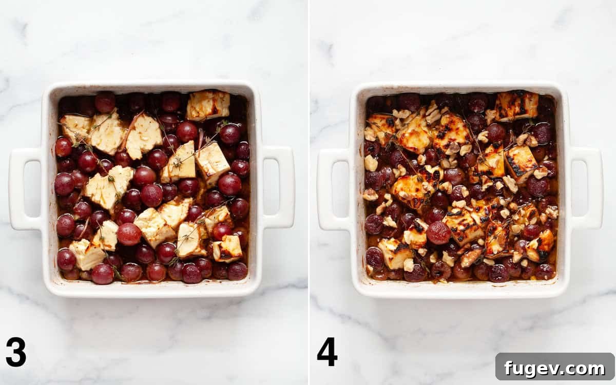 Golden Baked Feta with Honey-Kissed Grapes 5 A close-up of baked feta and roasted grapes in a dish, glistening with honey and with some browned edges, just out of the broiler.