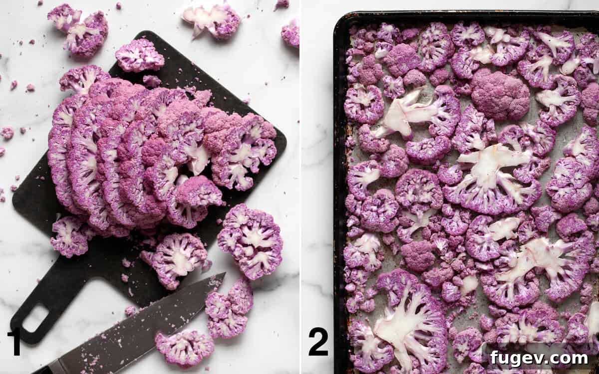 Roasted Amethyst Florets with Zesty Cilantro Burst 4 Two images: one showing sliced raw purple cauliflower on a cutting board, and another showing raw cauliflower spread in a single layer on a baking sheet before roasting.