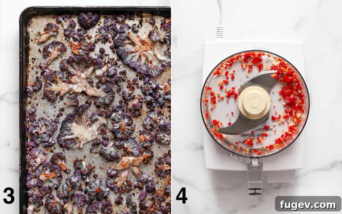 Roasted Amethyst Florets with Zesty Cilantro Burst 5 Two images: one showing roasted purple cauliflower on a sheet pan, slightly darkened and caramelized, and another showing minced garlic and chilies in a food processor.