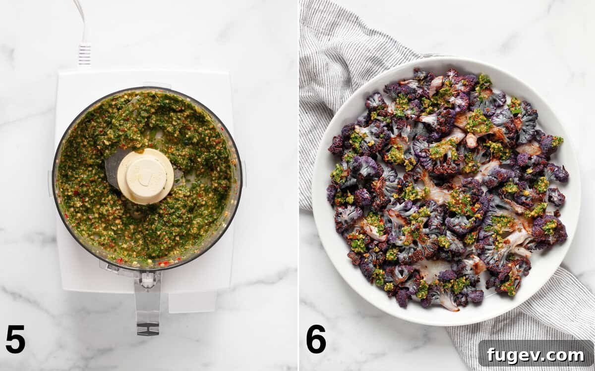Roasted Amethyst Florets with Zesty Cilantro Burst 6 Two images: one showing cilantro pesto in a food processor bowl with a chunky texture, and another showing roasted purple cauliflower on a plate with pesto drizzled over it.
