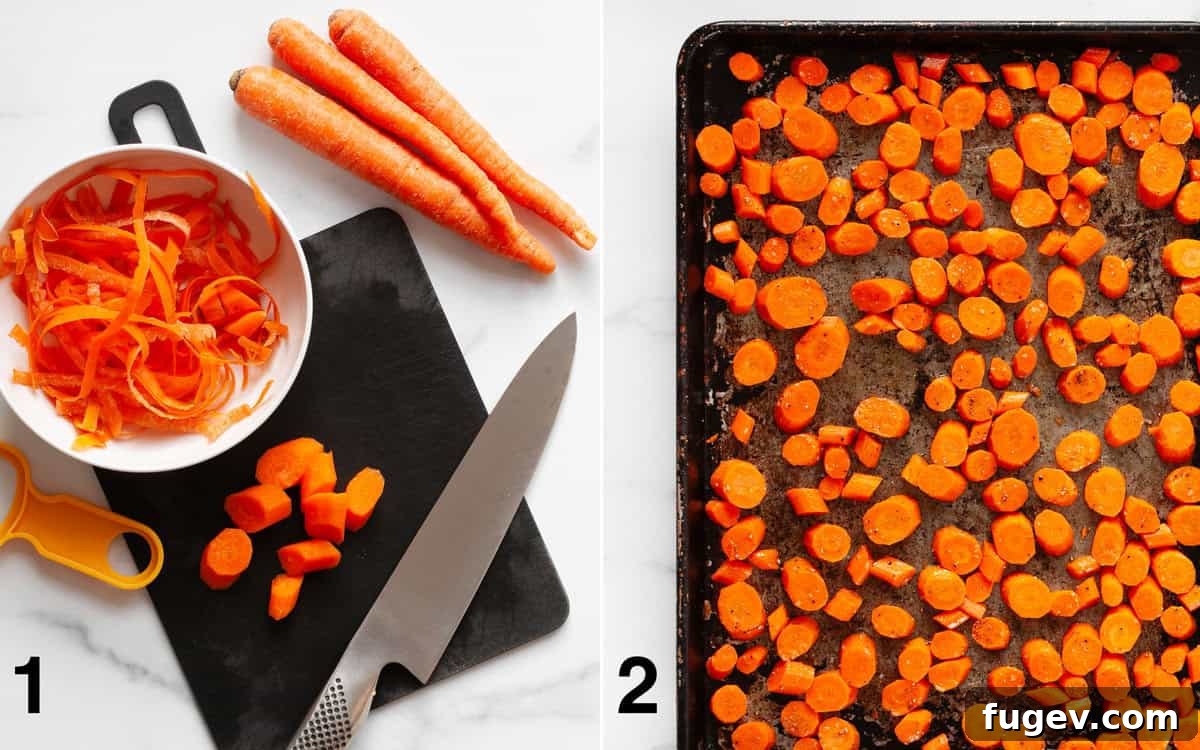 Golden Roasted Carrot Salad 4 Peeled and cut carrots on a cutting board. Raw carrots on a sheet pan tossed with oil and spices.