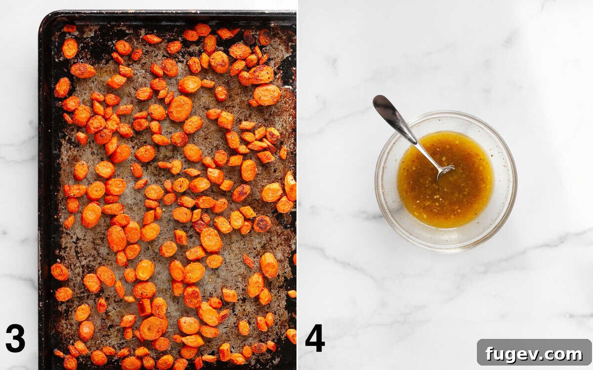 Golden Roasted Carrot Salad 5 Roasted carrots on a sheet pan. Vinaigrette in a small bowl.