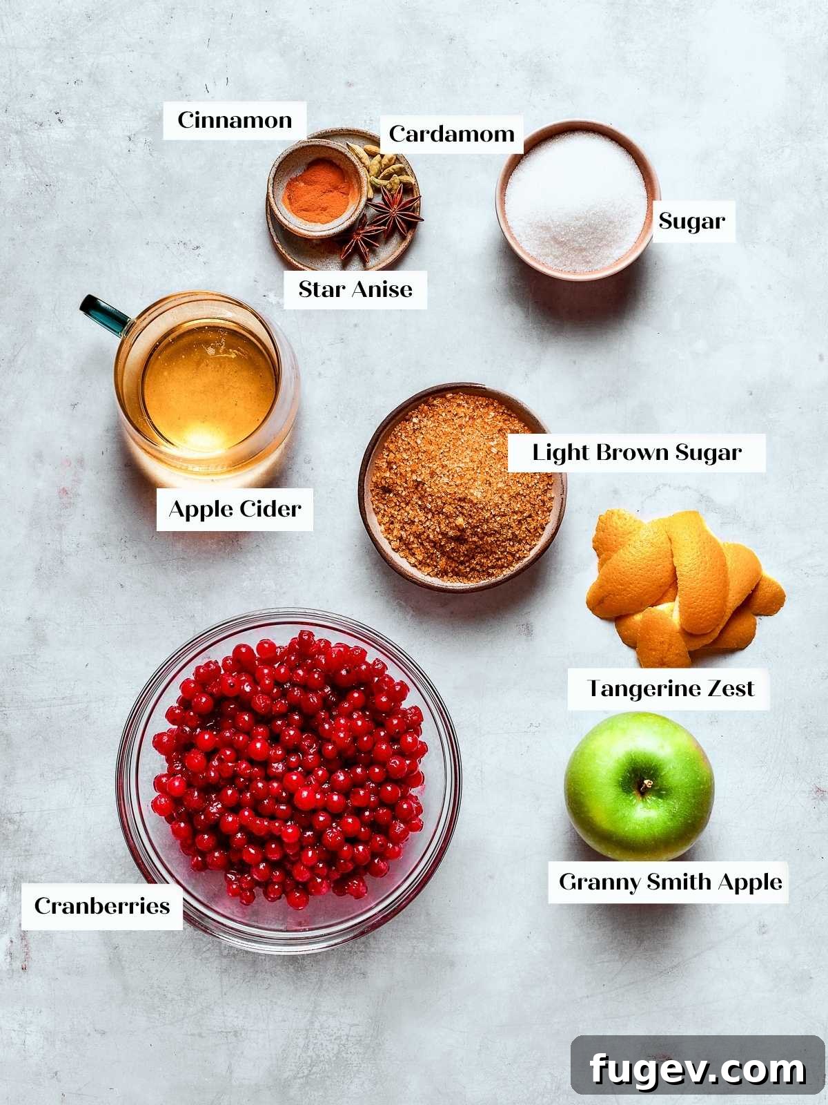Holiday Cranberry Jewel 4 Measured ingredients for cranberry sauce including fresh cranberries, a diced apple, cinnamon sticks, whole star anise, cardamom pods, and brown sugar on a rustic kitchen counter.