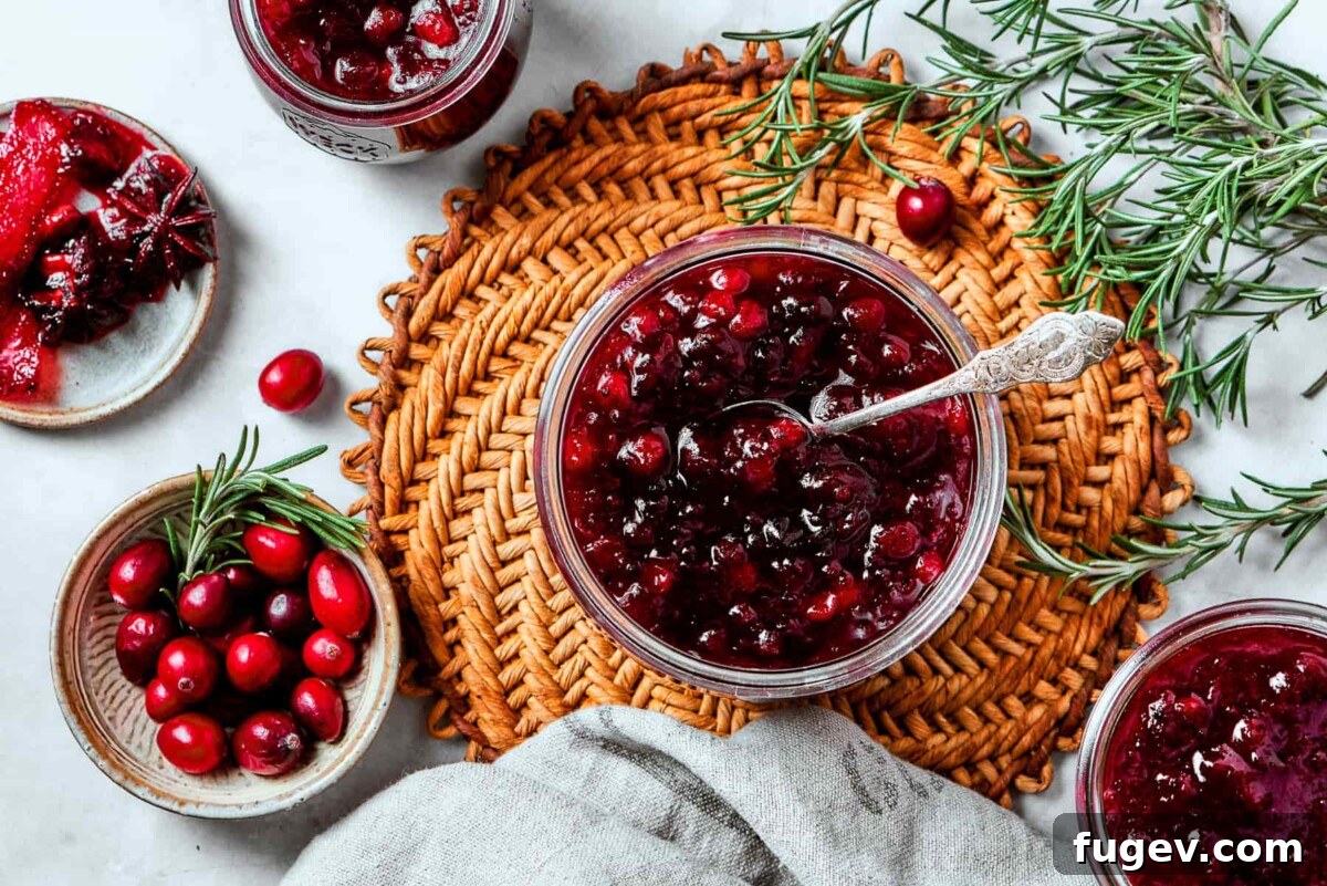 Holiday Cranberry Jewel 5 Bowl of cranberry sauce garnished with fresh rosemary sprigs for a festive holiday presentation on a wooden surface.