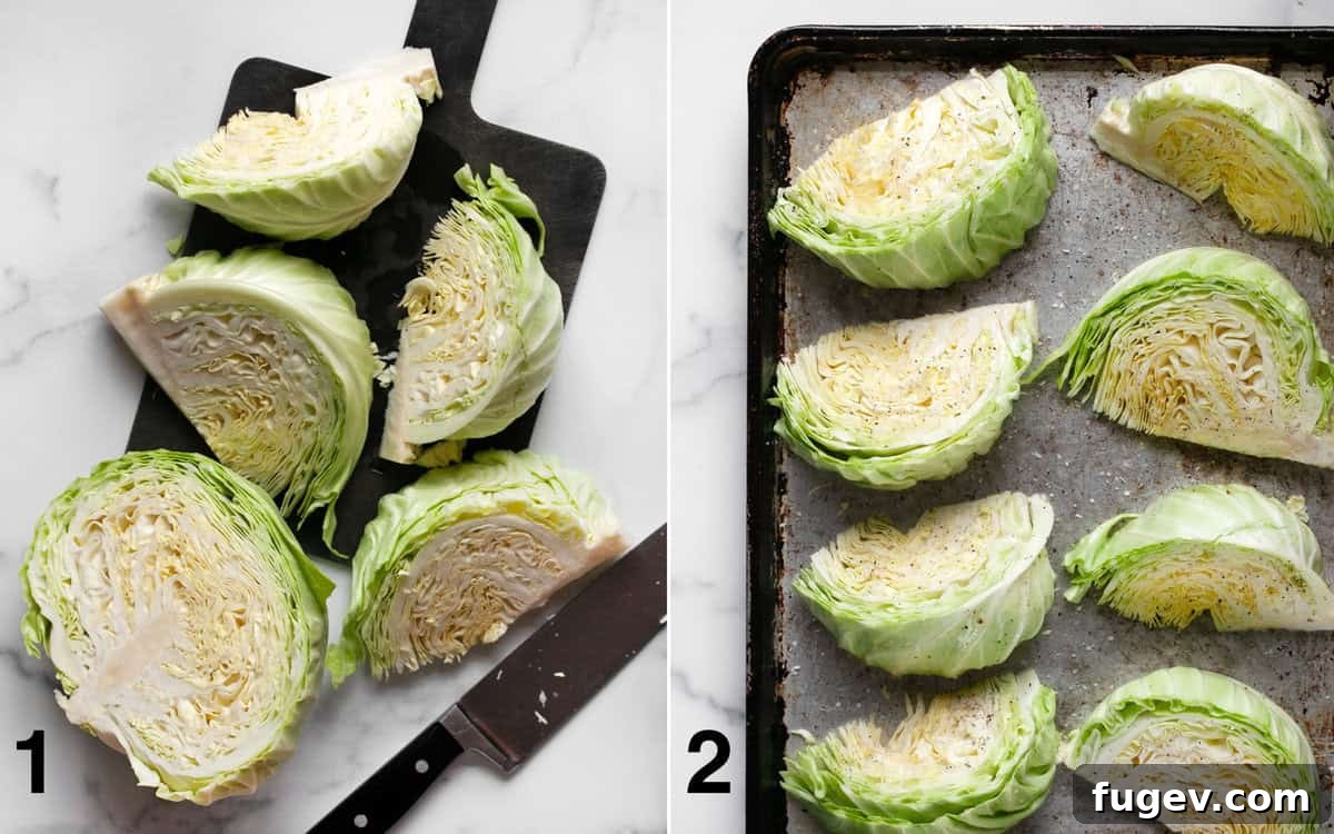Perfectly Roasted Cabbage Steaks 4 Two images side-by-side: first shows cabbage wedges neatly sliced on a cutting board, second shows them arranged on a sheet pan brushed with oil and seasoned.