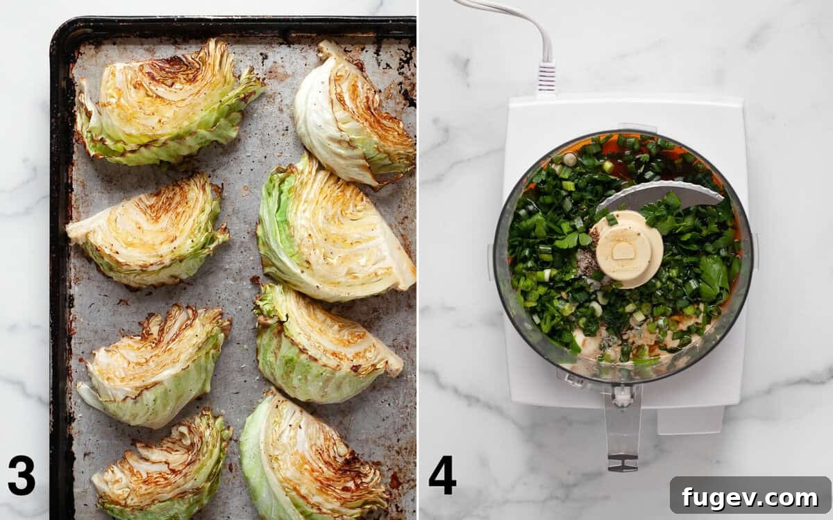 Perfectly Roasted Cabbage Steaks 5 Two images side-by-side: first shows roasted cabbage wedges cooling on a sheet pan, second shows the tahini sauce ingredients being pureed in a food processor.