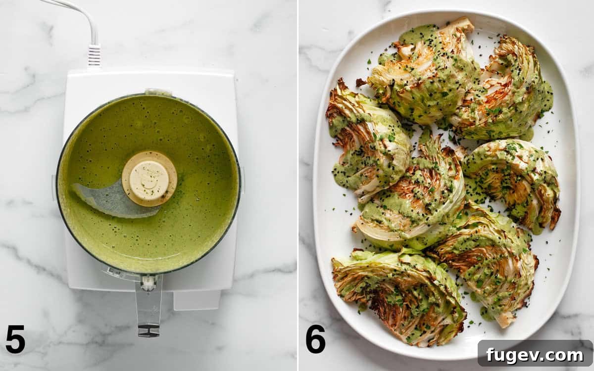 Perfectly Roasted Cabbage Steaks 6 Two images side-by-side: first shows the smooth tahini sauce in a food processor, second shows the roasted cabbage wedges beautifully arranged on a serving platter and drizzled with the sauce, garnished with herbs and sesame seeds.