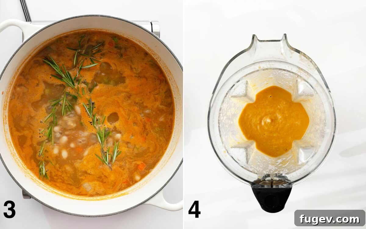 Velvety Tuscan White Bean Soup 5 One image showing soup simmering with rosemary, and another showing pureed soup in a blender.