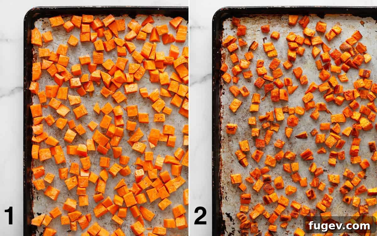 Spiced Roasted Sweet Potato & Black Bean Bowl 4 Diced sweet potatoes on a sheet pan, shown before and after roasting to a perfect golden brown.