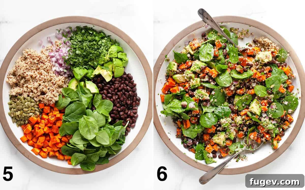 Spiced Roasted Sweet Potato & Black Bean Bowl 6 Fresh salad ingredients in a large bowl, followed by a photo of the dressing being tossed into the salad.