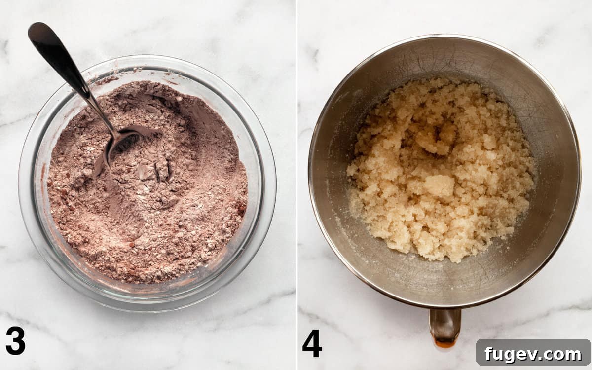 Fudgy Crinkle Delights 5 Dry ingredients mixed together in a glass bowl. Sugar and oil mixed in another bowl.