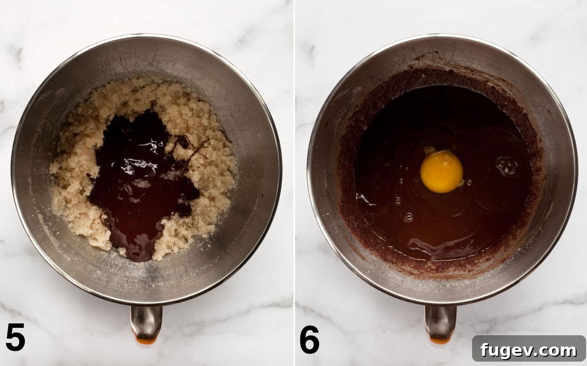 Fudgy Crinkle Delights 6 Melted chocolate poured over sugar-oil mixture in the bowl. Chocolate mixture with an egg yolk about to be stirred into the wet ingredients.