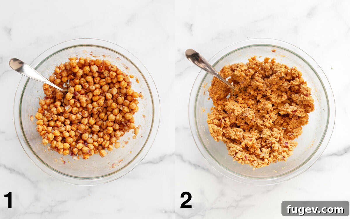 Oven-Crisped Chickpea Tacos 4 Side-by-side images showing marinated chickpeas in a bowl, followed by the same chickpeas after being mashed, ready for taco filling.