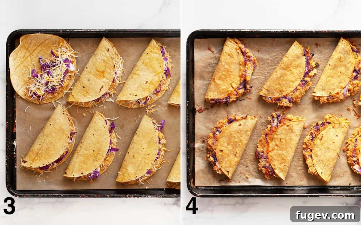 Oven-Crisped Chickpea Tacos 5 Before and after images of tacos arranged on a sheet pan, illustrating the transformation from assembly to golden-brown crispiness.