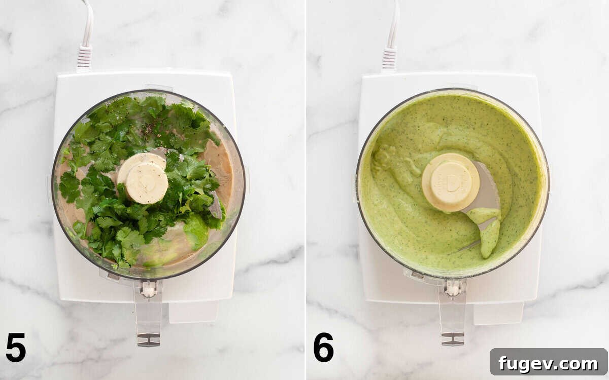 Oven-Crisped Chickpea Tacos 6 Images showing avocado tahini sauce ingredients in a food processor before blending and then after being pureed to a smooth consistency.