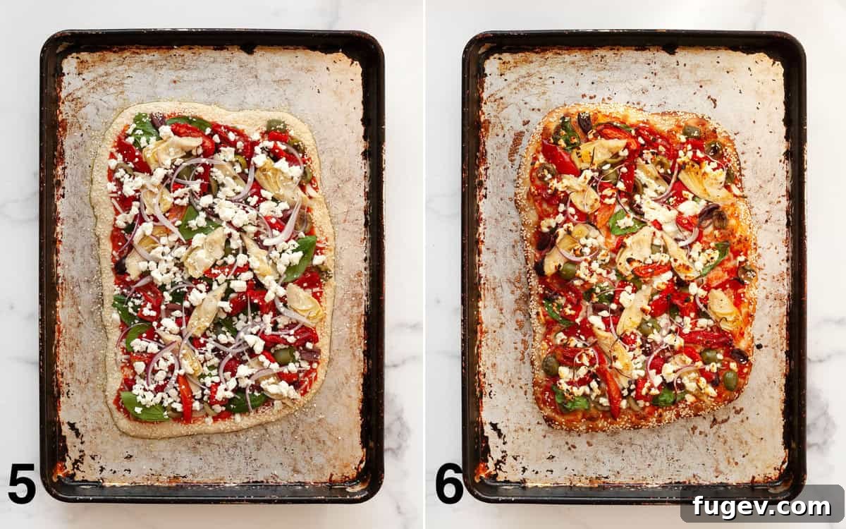 Mediterranean Harvest Pizza 6 A side-by-side view of an assembled Mediterranean pizza on a sheet pan before baking and after baking, with a golden-brown crust.