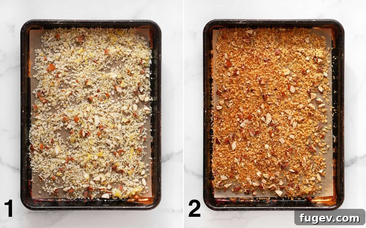 Lemony Orzo Delight 4 A comparison photo showing panko breadcrumbs and chopped almonds before and after being toasted on a sheet pan, highlighting their golden-brown transformation.