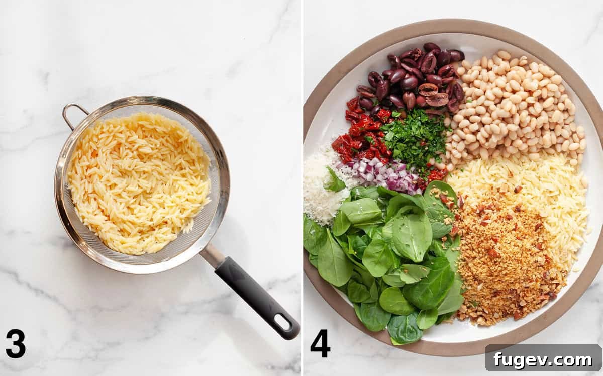 Lemony Orzo Delight 5 A large mixing bowl filled with the vibrant ingredients of the lemon orzo salad before dressing, showcasing the colorful mix of pasta, beans, olives, and greens.
