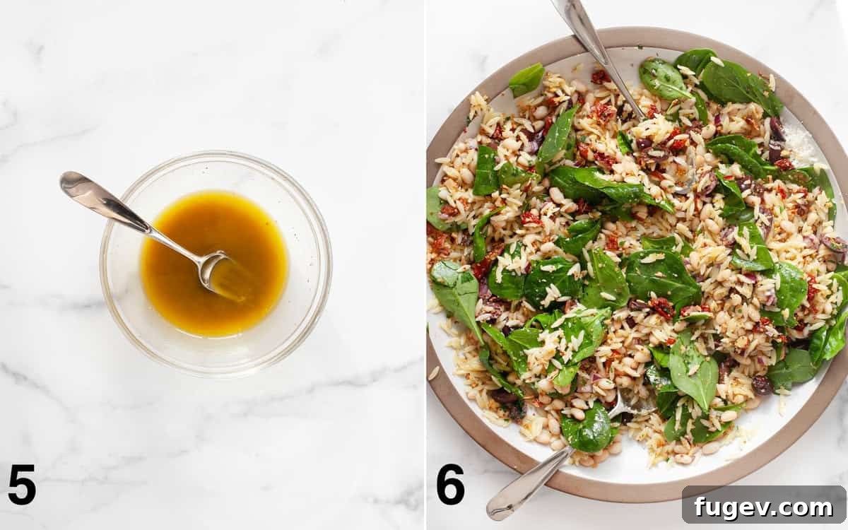 Lemony Orzo Delight 6 A two-part image: on the left, a small bowl of fresh lemon vinaigrette; on the right, the completed lemon orzo salad after being tossed with the dressing, highlighting its vibrant appearance.