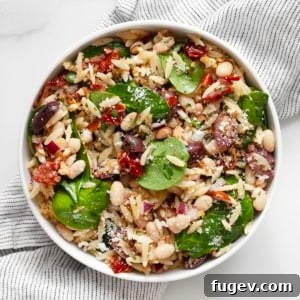 Lemon orzo pasta salad in a bowl, featuring a colorful mix of ingredients and a zesty dressing.
