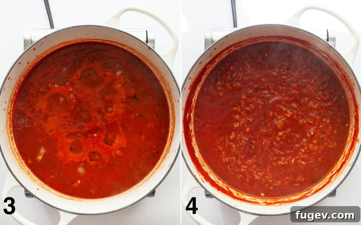 Wholesome Tomato Rice Warmth 5 Canned tomatoes, broth and rice poured into sautéed onions in the pot. Soup simmering until it thickens.