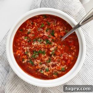 Tomato rice soup in a bowl.