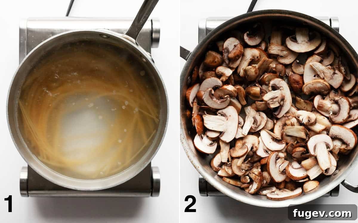 Umami-Packed Miso Mushroom Pasta 4 Left image shows pasta simmering in a large pot of salted boiling water. Right image shows sliced mushrooms sizzling and browning in a large skillet on the stovetop.