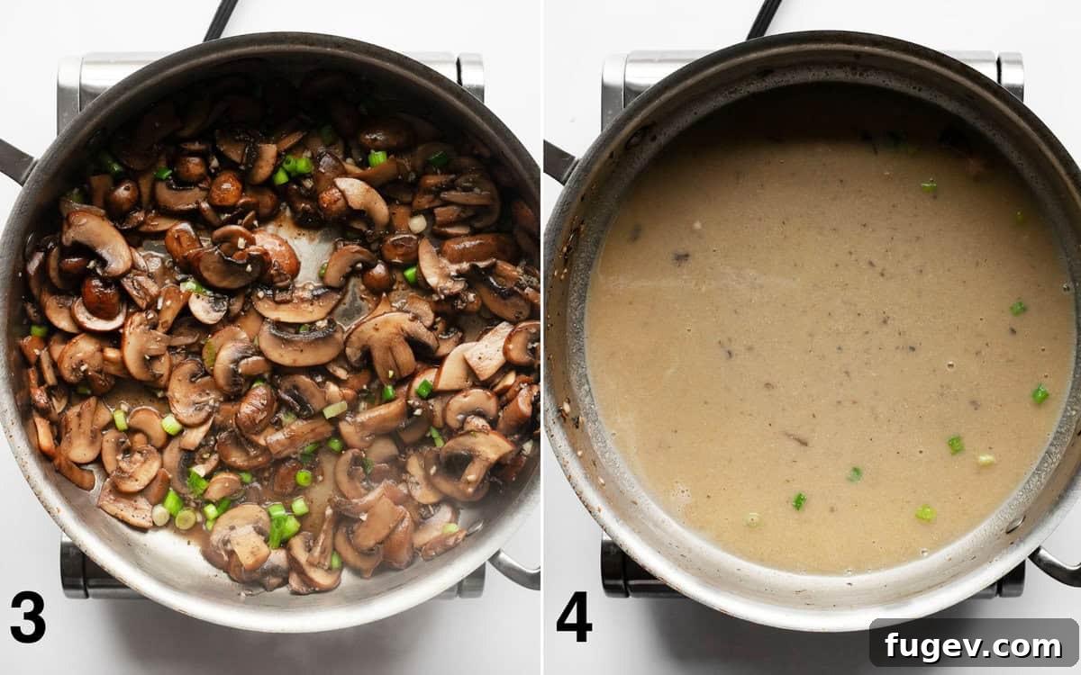Umami-Packed Miso Mushroom Pasta 5 Left image shows caramelized mushrooms, garlic, and white scallion parts in a skillet. Right image shows butter, white miso paste, and pasta water melted together to form a creamy, light sauce in the same skillet.