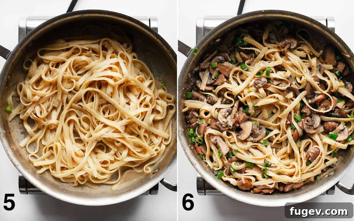 Umami-Packed Miso Mushroom Pasta 6 Left image shows cooked pasta being stirred into the miso butter sauce in a skillet. Right image shows the finished miso mushroom pasta in the skillet, with mushrooms, green scallions, and parmesan folded in, appearing lightly coated.