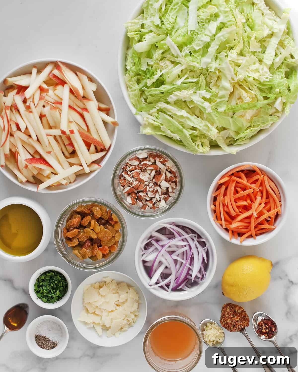 Zesty Savoy Slaw 3 All the fresh ingredients laid out for Savoy cabbage salad: savoy cabbage, carrots, apples, almonds, red onions, raisins, apple cider vinegar, olive oil, mustard, garlic, salt, pepper, lemon, and parsley.