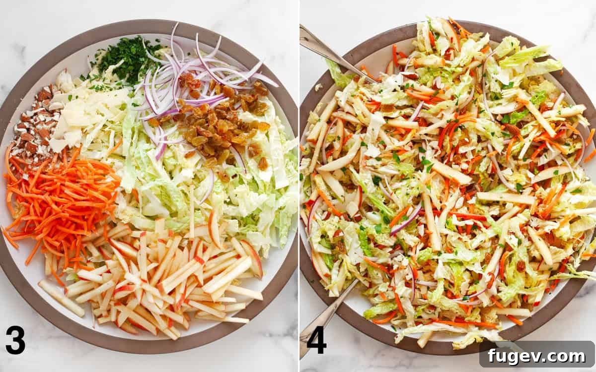 Zesty Savoy Slaw 5 A large bowl filled with colorful savoy cabbage salad ingredients, followed by an image of the dressing being drizzled over the tossed salad.