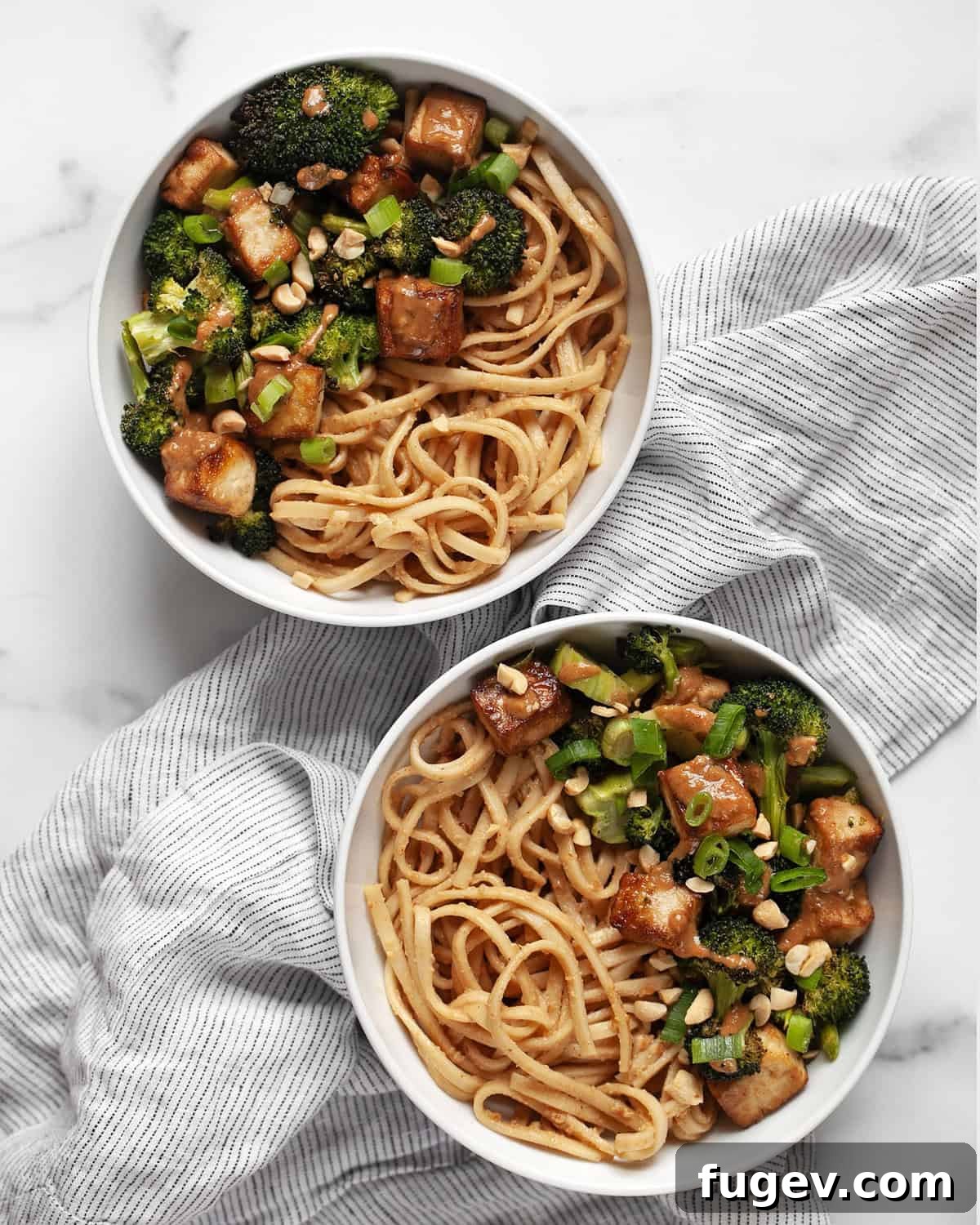 Crispy Roasted Tofu and Broccoli Power Bowls 2 Two vibrant roasted broccoli tofu bowls served with peanut noodles, garnished with fresh scallions and chopped peanuts.