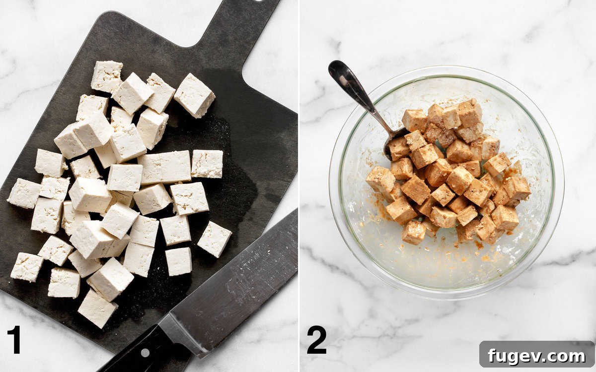 Crispy Roasted Tofu and Broccoli Power Bowls 4 Two images side-by-side: Cubed tofu on a cutting board, and marinated tofu coated with cornstarch in a bowl.
