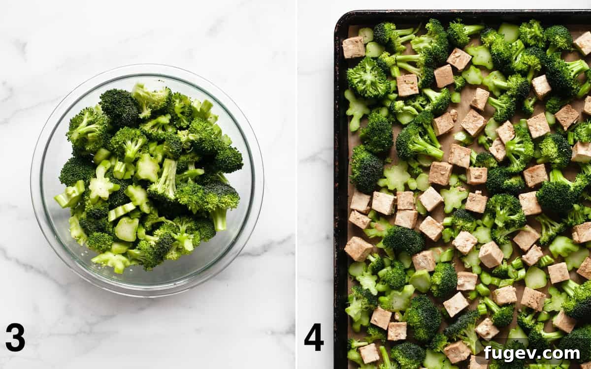 Crispy Roasted Tofu and Broccoli Power Bowls 5 Two images side-by-side: Raw broccoli tossed with oil, salt, and pepper in a bowl, and the seasoned broccoli and tofu arranged in a single layer on a sheet pan before roasting.