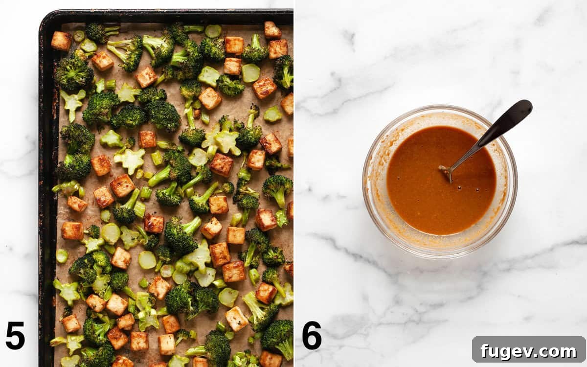 Crispy Roasted Tofu and Broccoli Power Bowls 6 Two images side-by-side: Freshly roasted broccoli and golden-brown tofu on a sheet pan, and a small bowl of creamy peanut sauce.