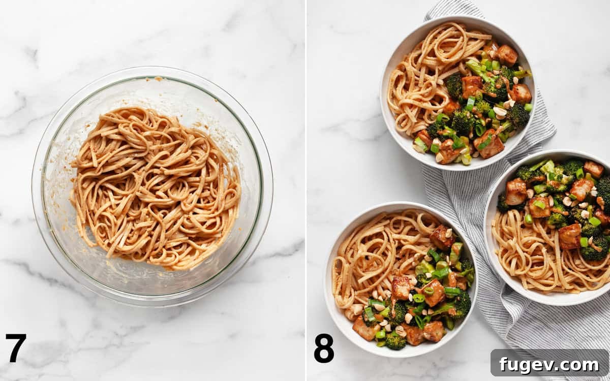 Crispy Roasted Tofu and Broccoli Power Bowls 7 Two images side-by-side: Peanut noodles stirred in a large bowl, and three assembled tofu bowls with roasted broccoli, tofu, and noodles, garnished with scallions and peanuts.