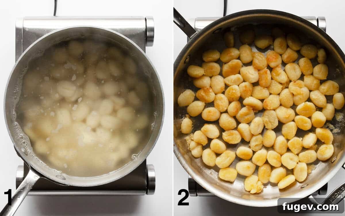 Golden Gnocchi with Bursting Spring Peas 4 Gnocchi simmering in a pot. Gnocchi browning in a skillet.
