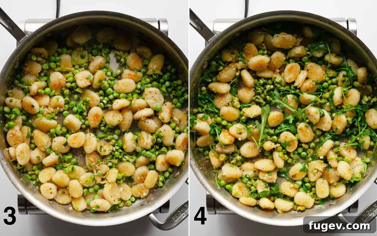 Golden Gnocchi with Bursting Spring Peas 5 Scallions and peas stirred into sautéed gnocchi. Arugula and parmesan folded into gnocchi.