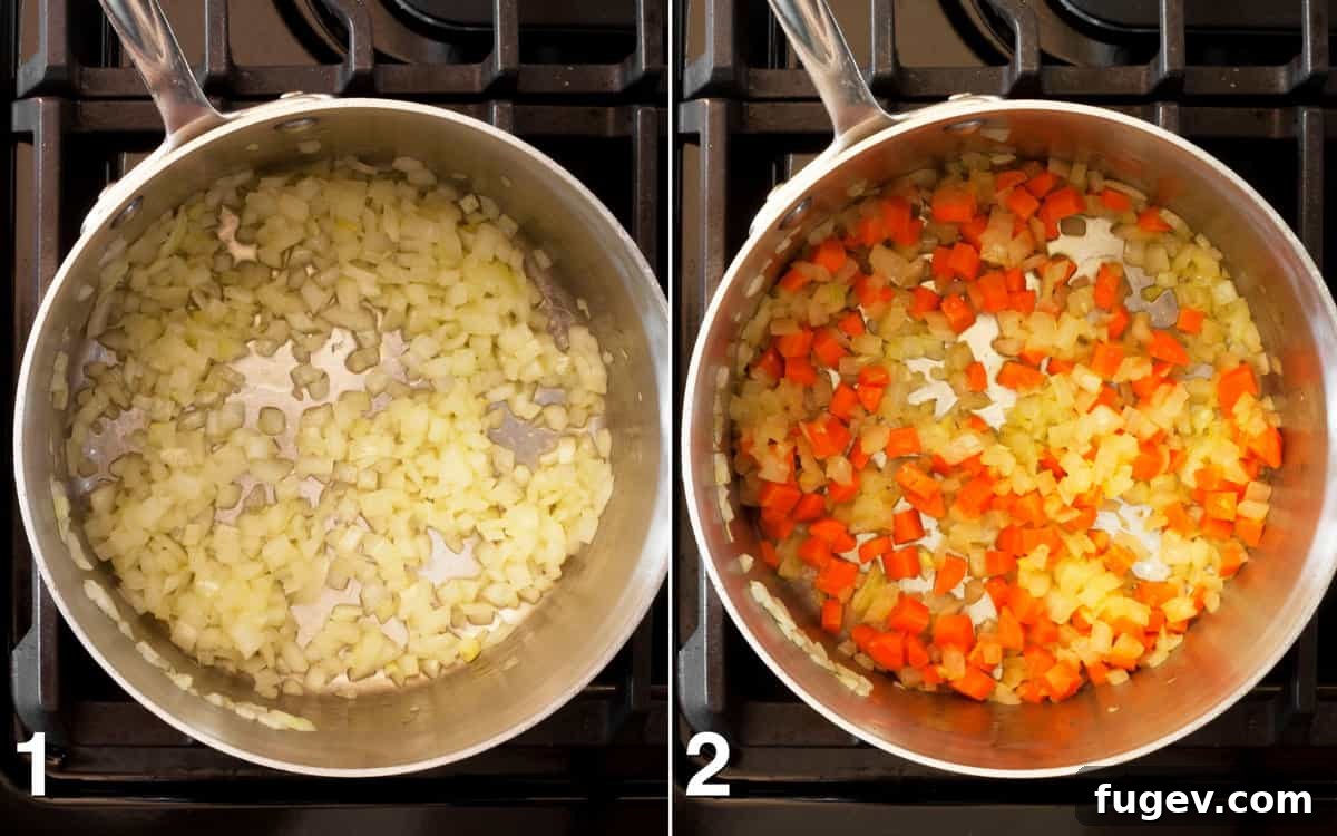 Simple Savory Chickpea Soup 4 Step-by-step images showing onions being sautéed in a pot, followed by the addition of carrots, creating the aromatic base for the soup.