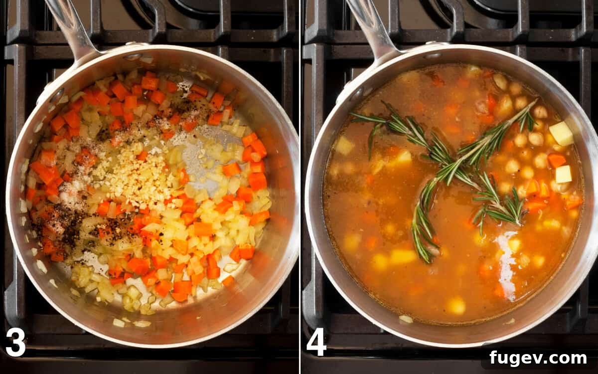 Simple Savory Chickpea Soup 5 Images demonstrating the addition of garlic, salt, and pepper, then chickpeas, potatoes, rosemary, and vegetable broth to the pot, ready for simmering.