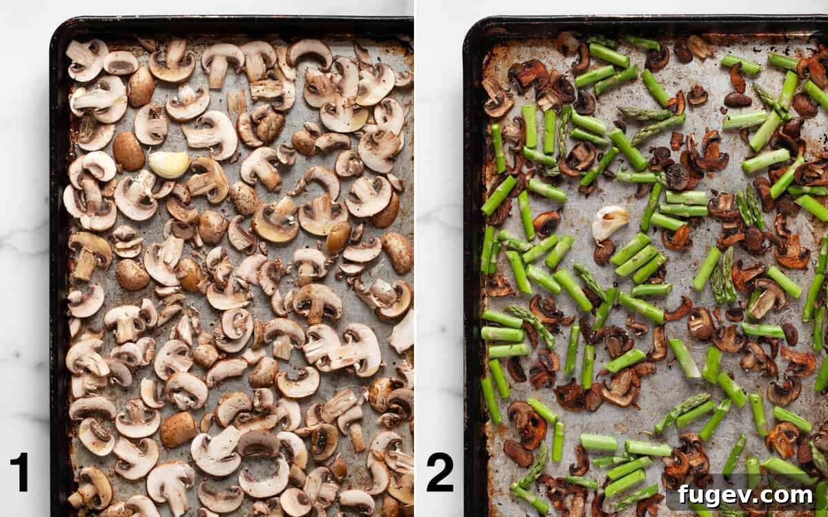 Roasted Asparagus Mushroom Barley Harvest Salad 4 Two images side-by-side: Left shows neatly sliced mushrooms on a baking sheet before roasting. Right shows asparagus pieces added and tossed with the already-roasted mushrooms on the same pan, ready for further roasting.