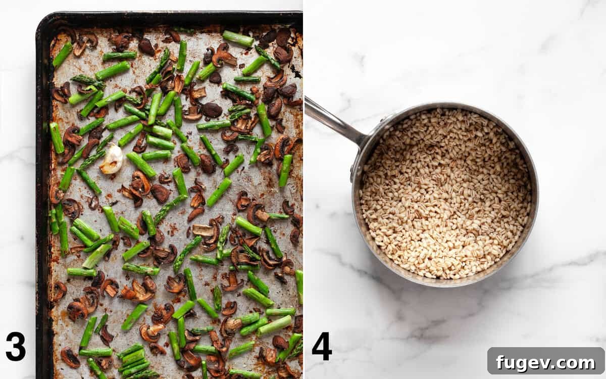 Roasted Asparagus Mushroom Barley Harvest Salad 5 Two images side-by-side: Left shows a baking sheet with beautifully roasted mushrooms and asparagus. Right shows a small pot filled with fluffy, cooked pearl barley.
