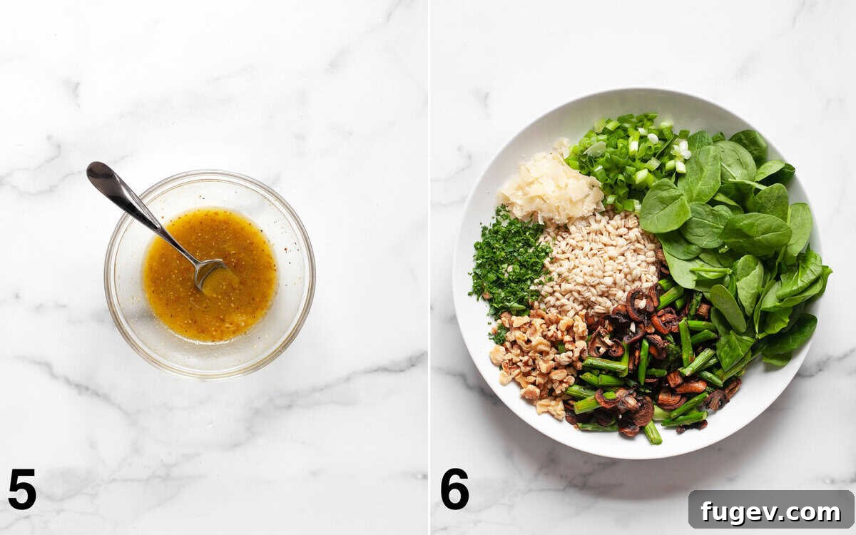 Roasted Asparagus Mushroom Barley Harvest Salad 6 Two images side-by-side: Left shows the prepared lemon garlic vinaigrette being stirred in a small bowl. Right shows all the salad ingredients – barley, roasted vegetables, spinach, walnuts, scallions, and Parmesan – combined in a large mixing bowl.