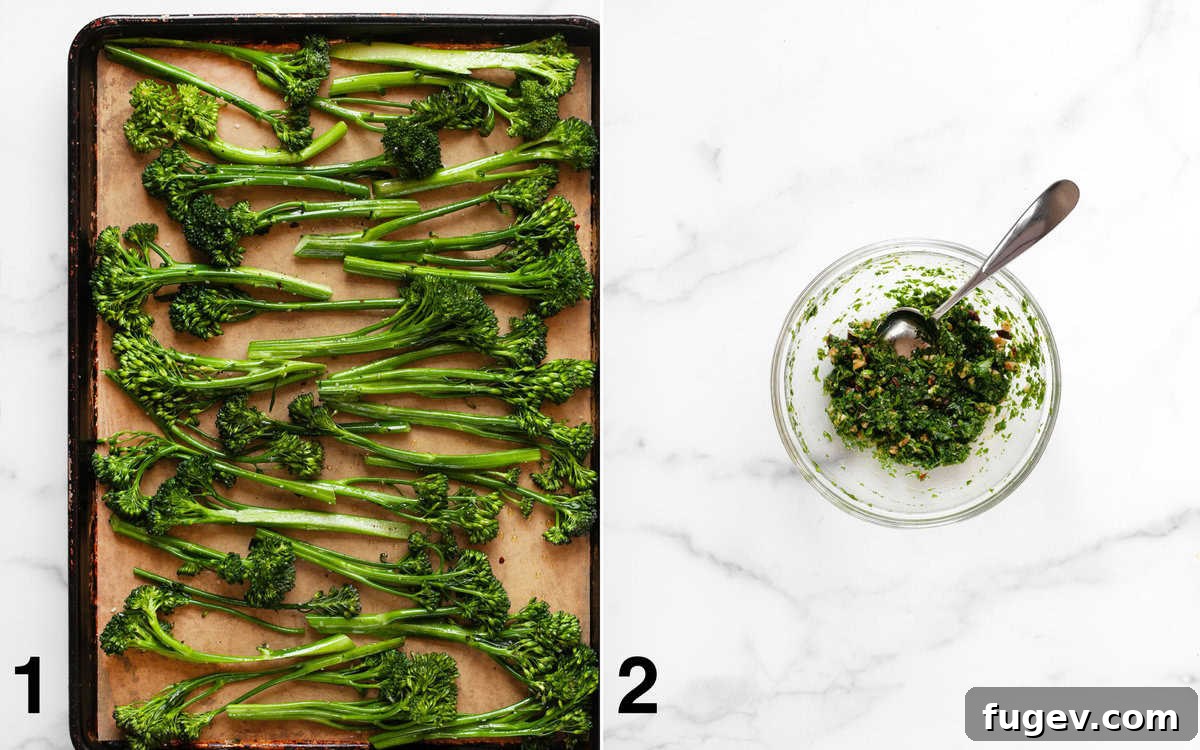 Crisp Roasted Broccolini with Sun Kissed Tomato Gremolata 4 A split image showing broccolini seasoned on a sheet pan on one side, and the prepared sun-dried tomato gremolata in a small bowl on the other.