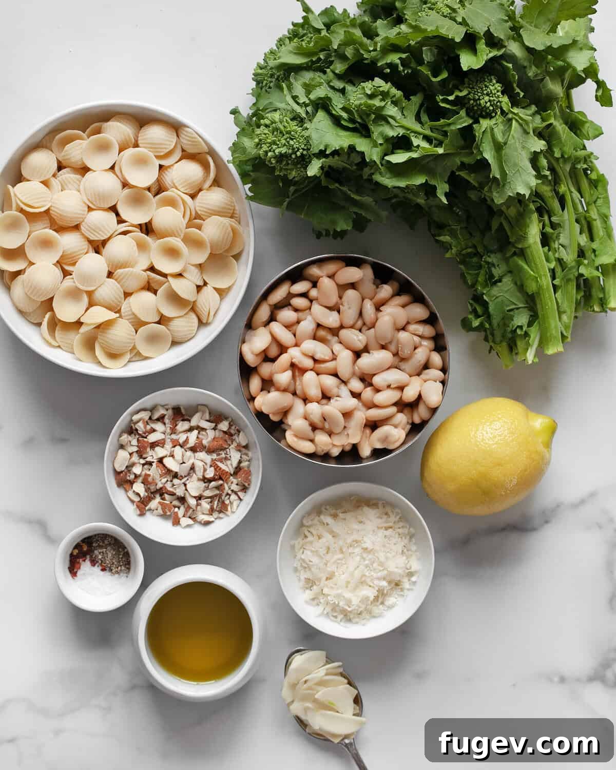 Zesty Lemon Rapini Pasta 3 Ingredients for Lemon Rapini Pasta laid out: orecchiette, fresh rapini, white beans, whole lemon, sliced almonds, garlic cloves, Parmesan cheese, salt, pepper, and olive oil.