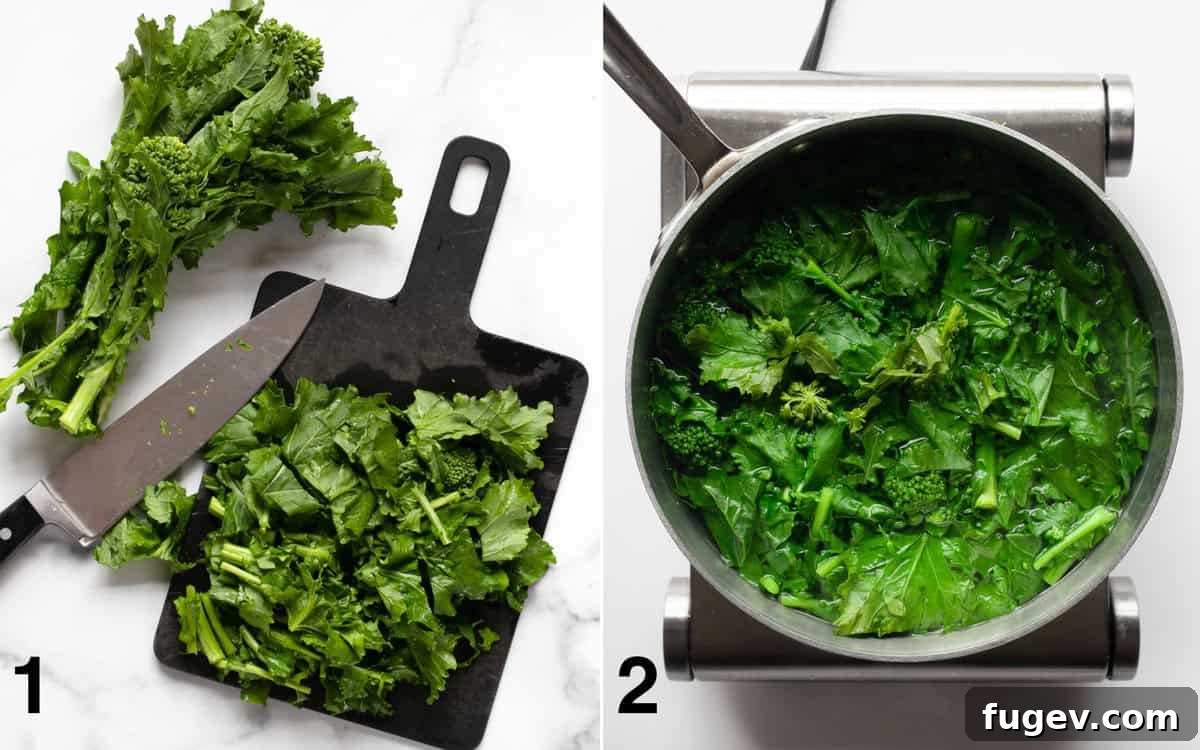 Zesty Lemon Rapini Pasta 4 Two images side by side: one showing sliced rapini on a cutting board, the other showing rapini blanching in a pot of boiling water.