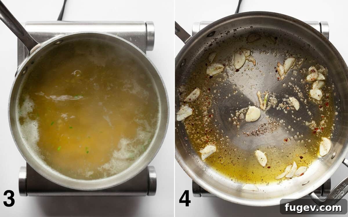 Zesty Lemon Rapini Pasta 5 Two images side by side: one showing orecchiette simmering in a pot, the other showing thinly sliced garlic sautéing in a skillet with red pepper flakes.