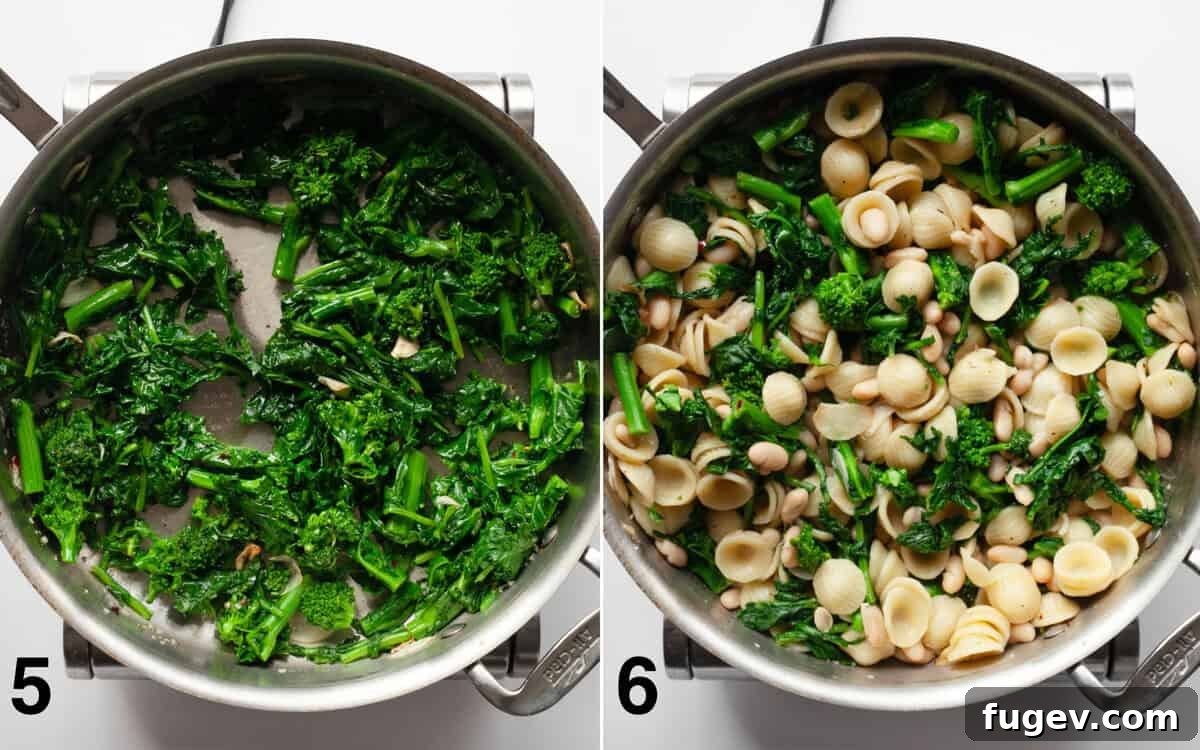 Zesty Lemon Rapini Pasta 6 Two images side by side: one showing rapini sautéing in a skillet, the other showing cooked pasta and white beans being stirred into the rapini mixture.
